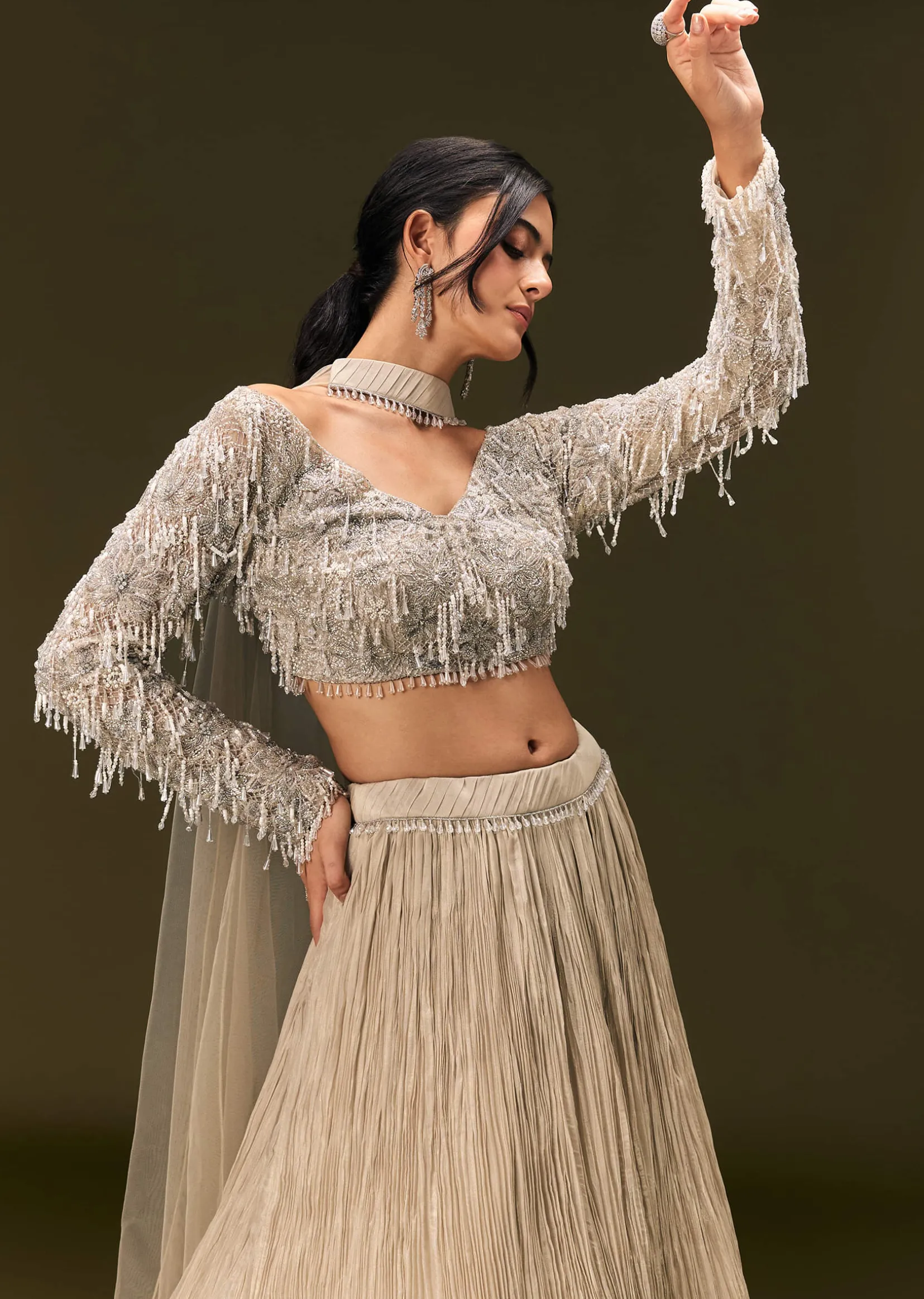 Beige Net Embroidered Blouse With Ruched Lehenga And Choker Dupatta