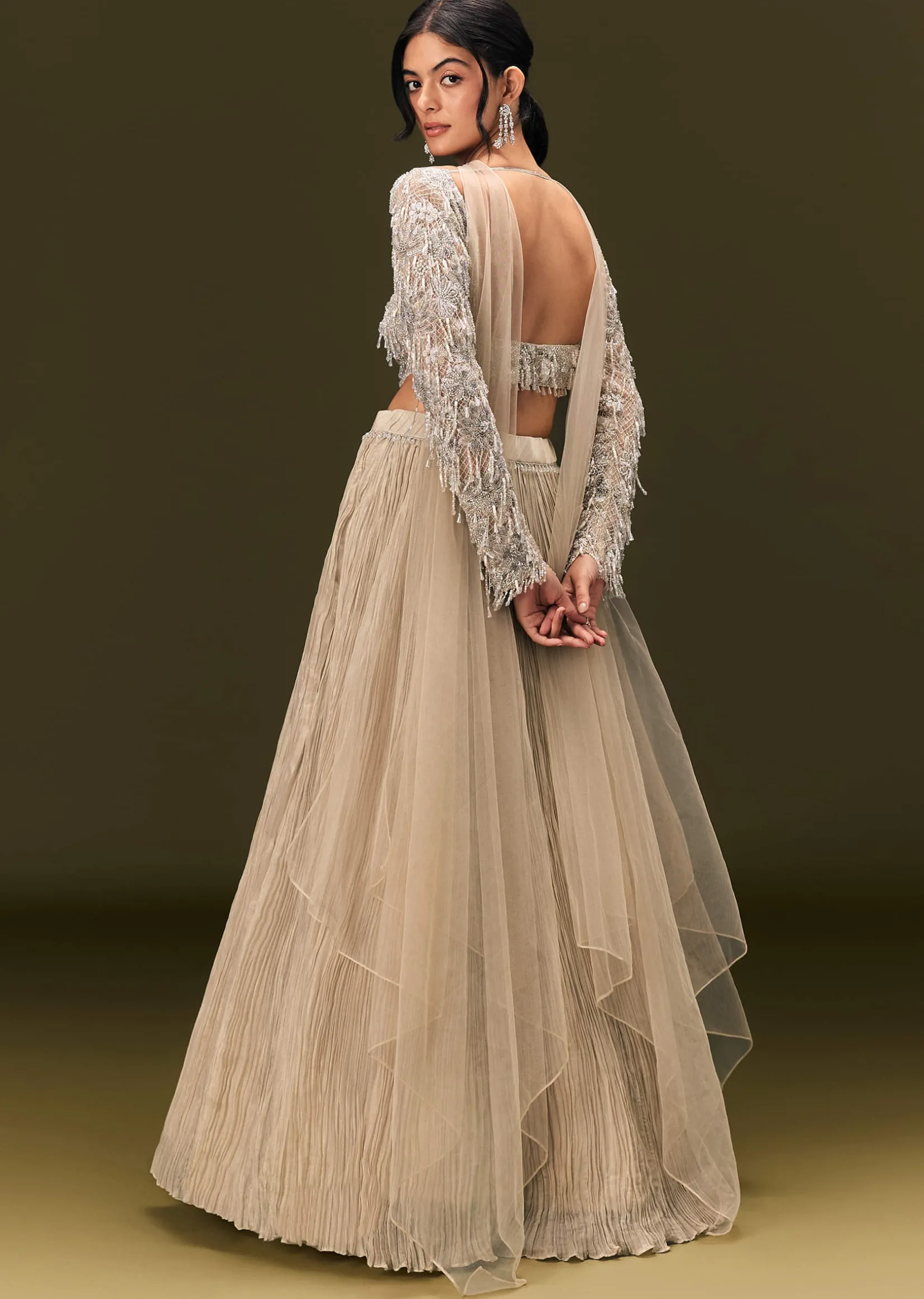 Beige Net Embroidered Blouse With Ruched Lehenga And Choker Dupatta