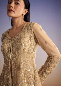 Beige Net Peplum Kurta Set With Beads And Sequins Work