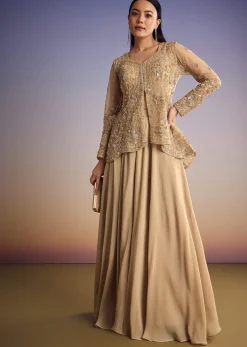 Beige Net Peplum Kurta Set With Beads And Sequins Work