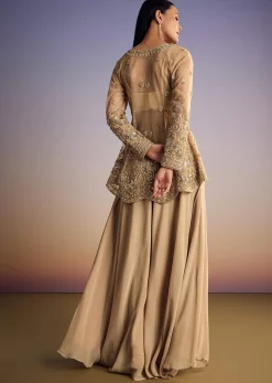 Beige Net Peplum Kurta Set With Beads And Sequins Work