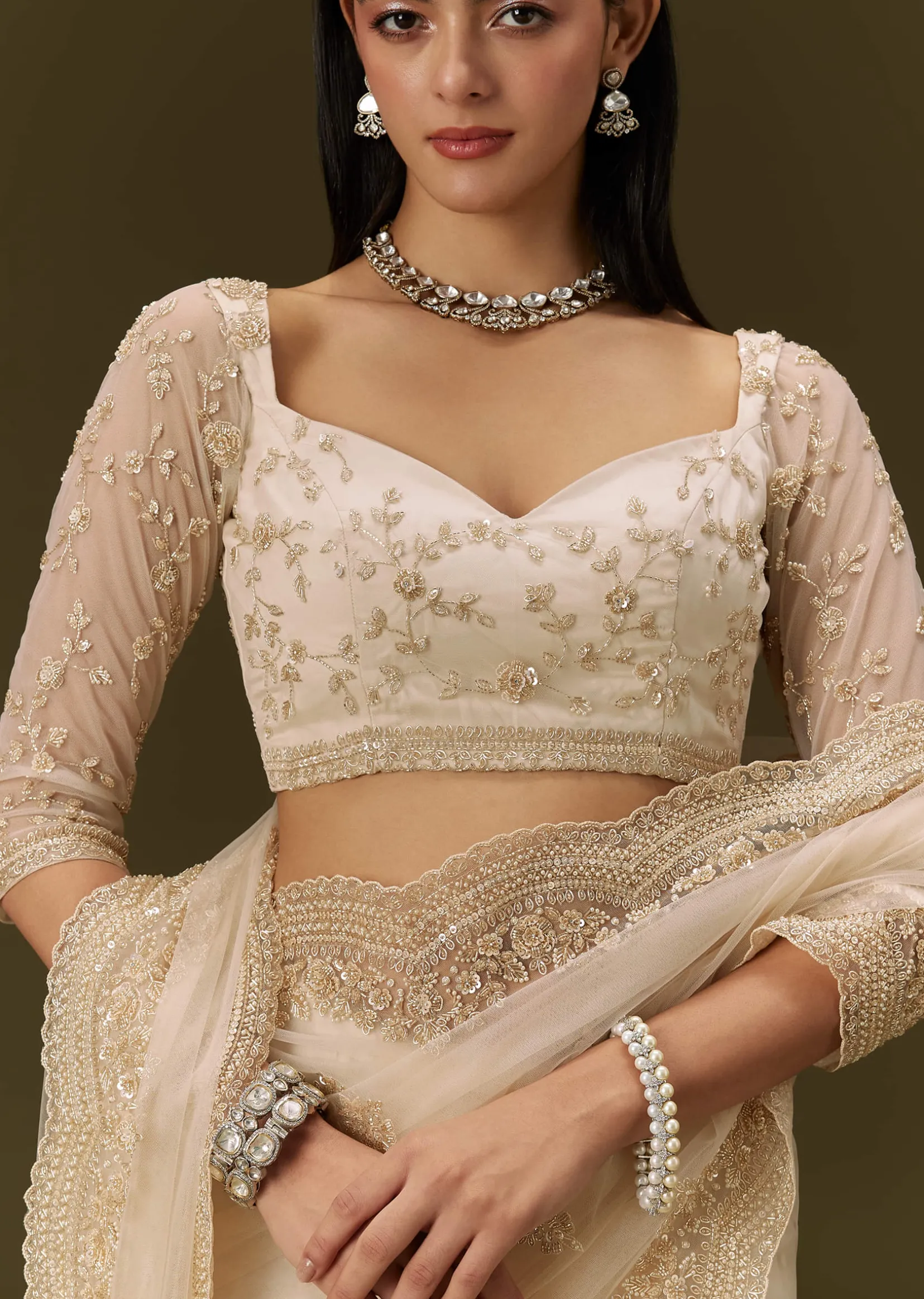 Beige Net Saree With Heavy All Over Embroidery