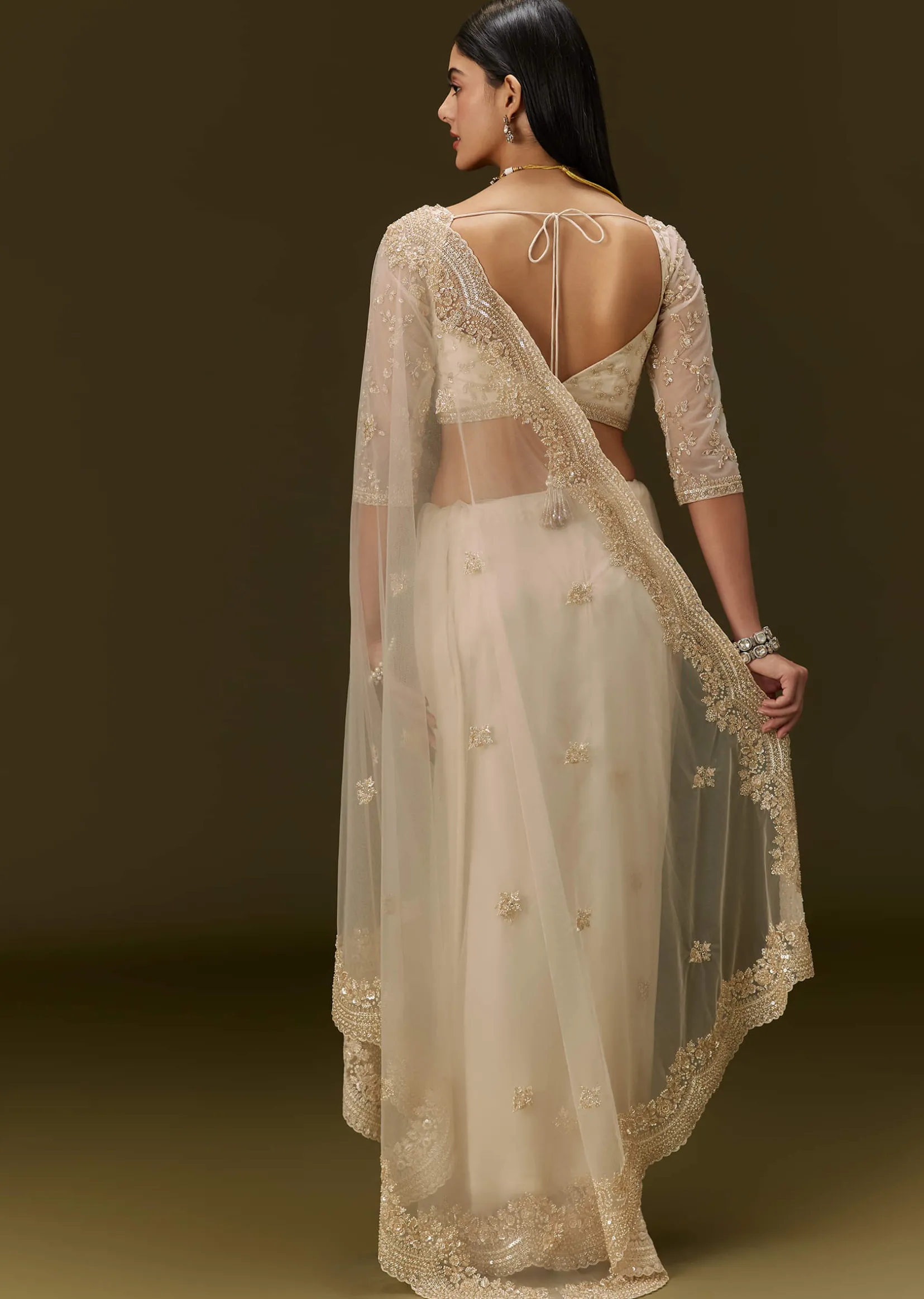 Beige Net Saree With Heavy All Over Embroidery