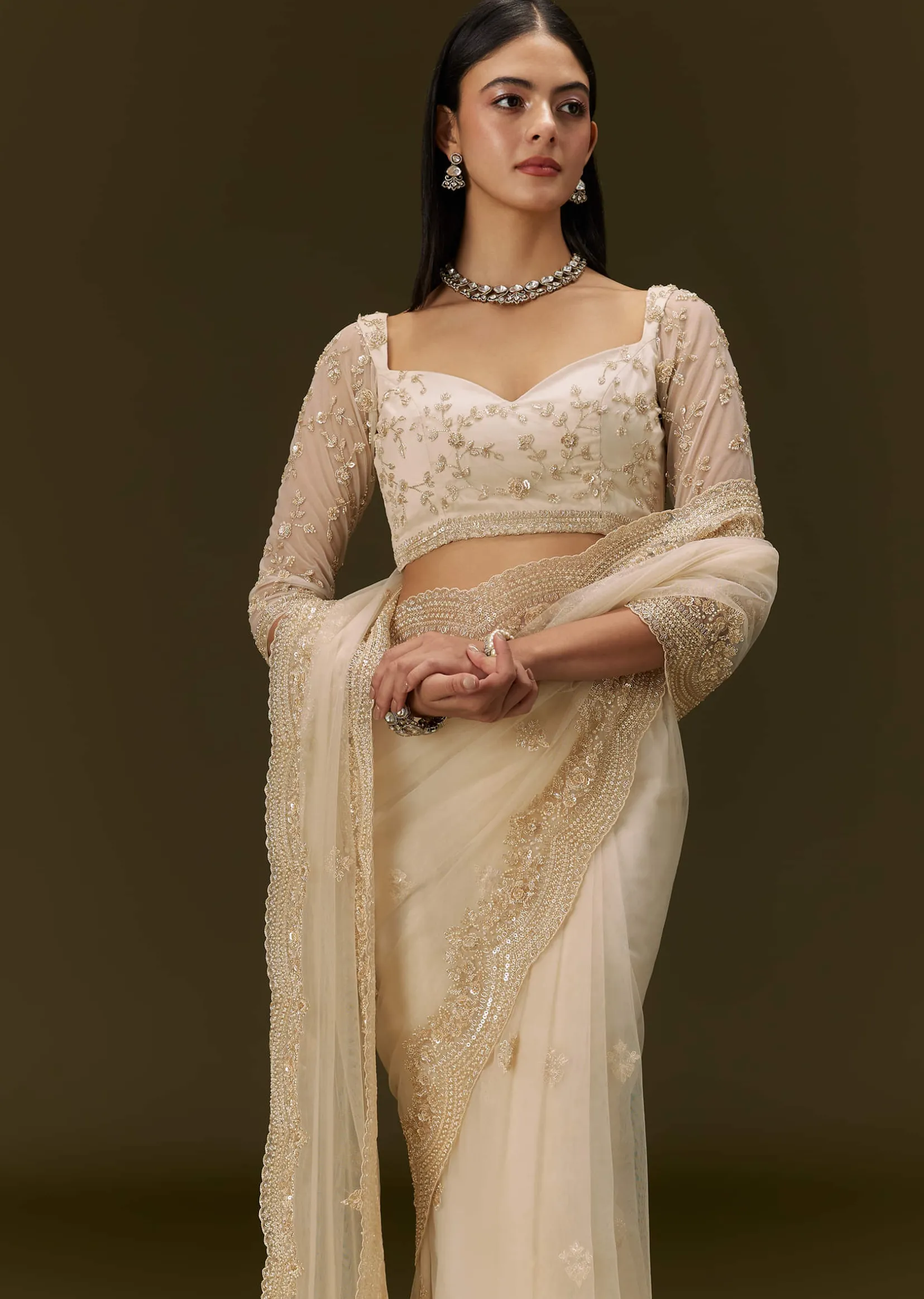 Beige Net Saree With Heavy All Over Embroidery