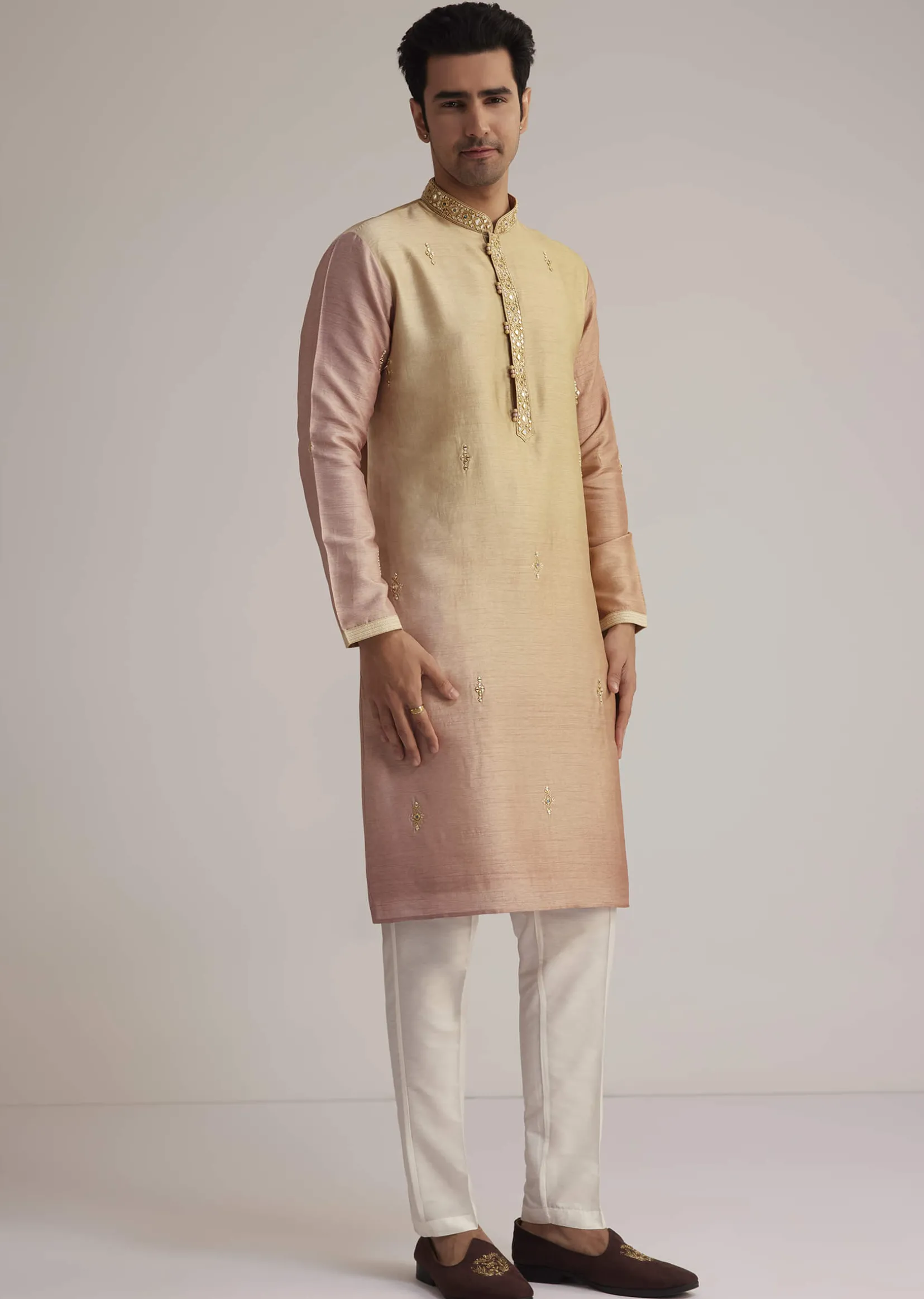 Beige Ombre Silk Kurta Set With Mirror Work