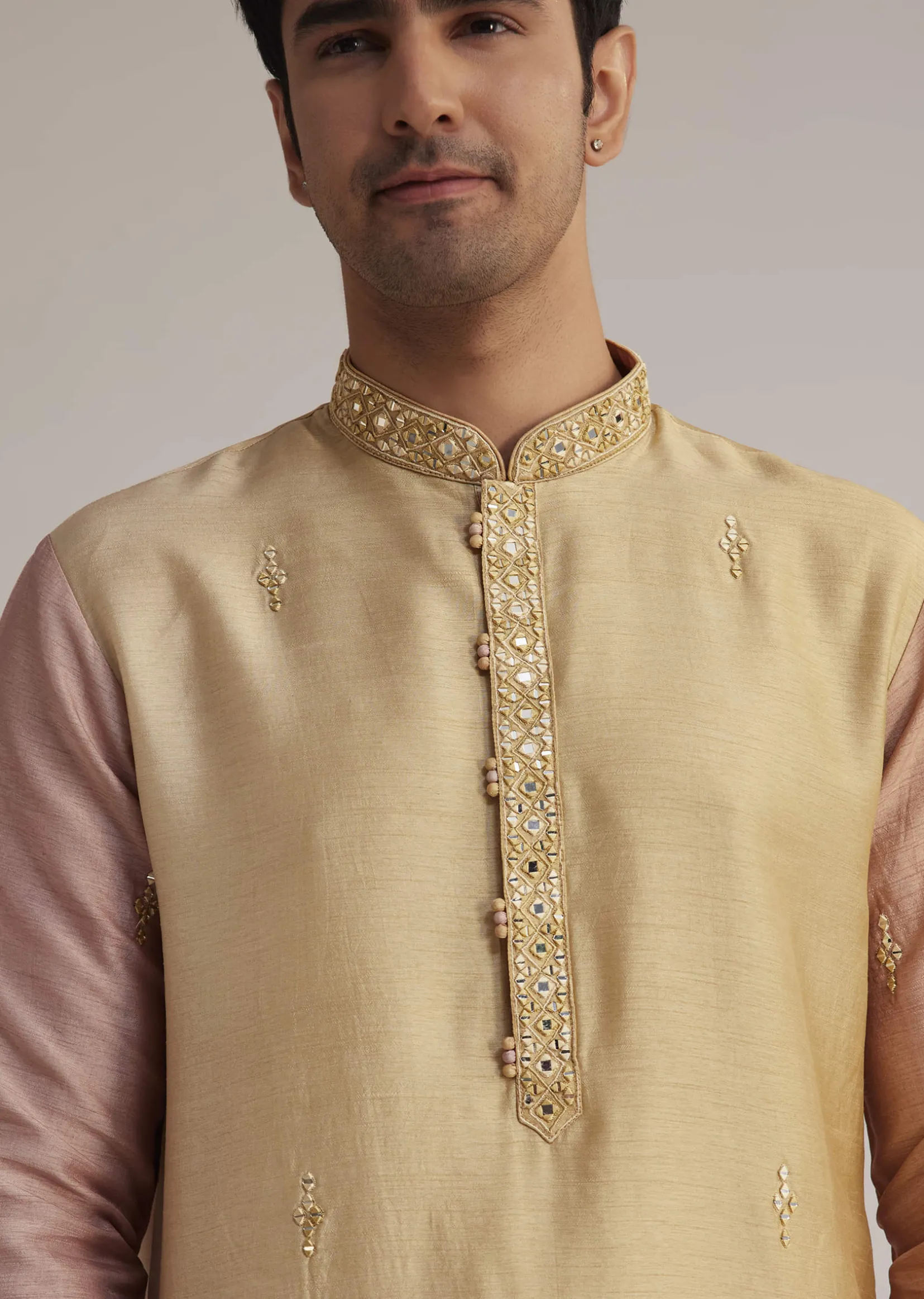 Beige Ombre Silk Kurta Set With Mirror Work