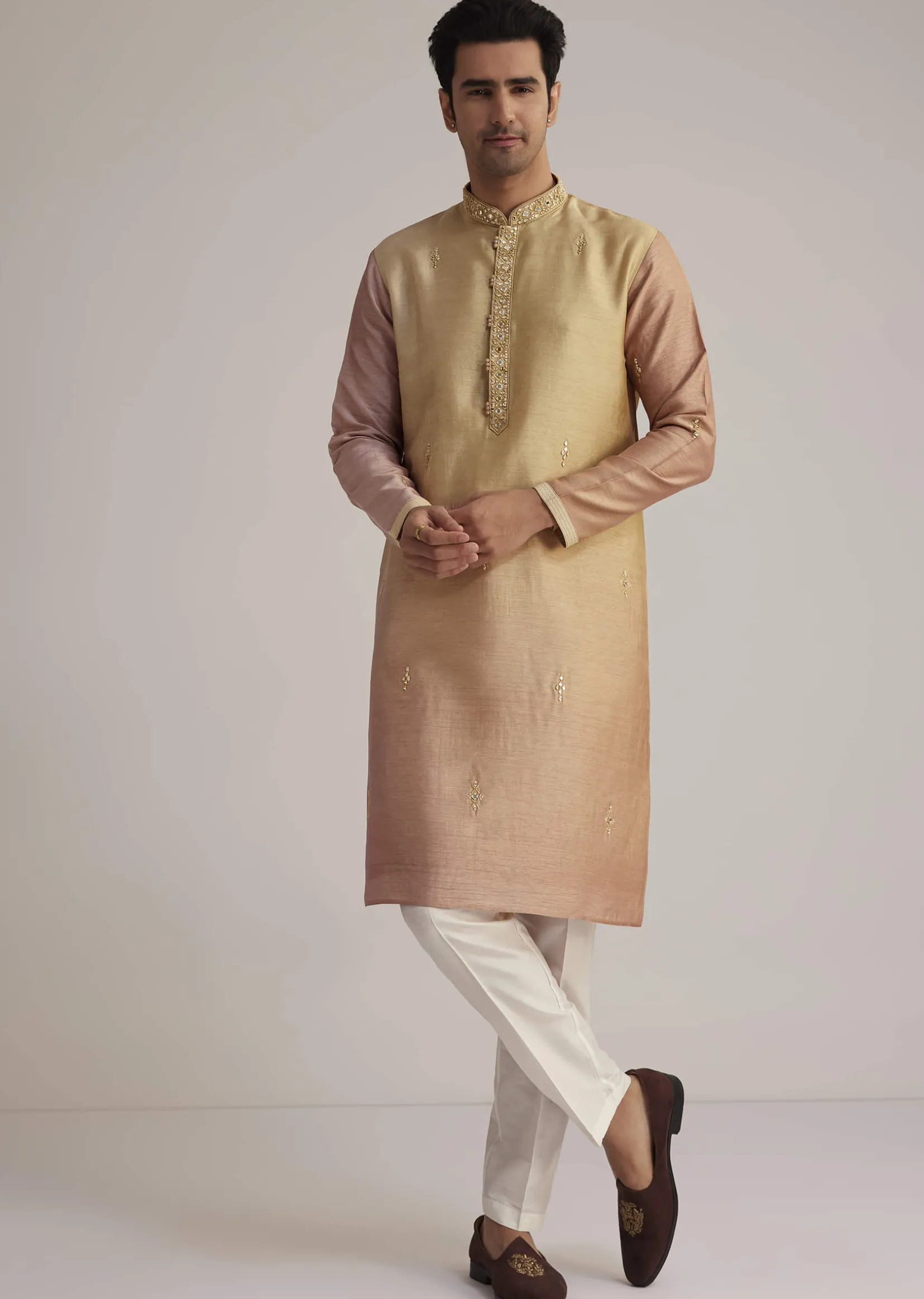 Beige Ombre Silk Kurta Set With Mirror Work