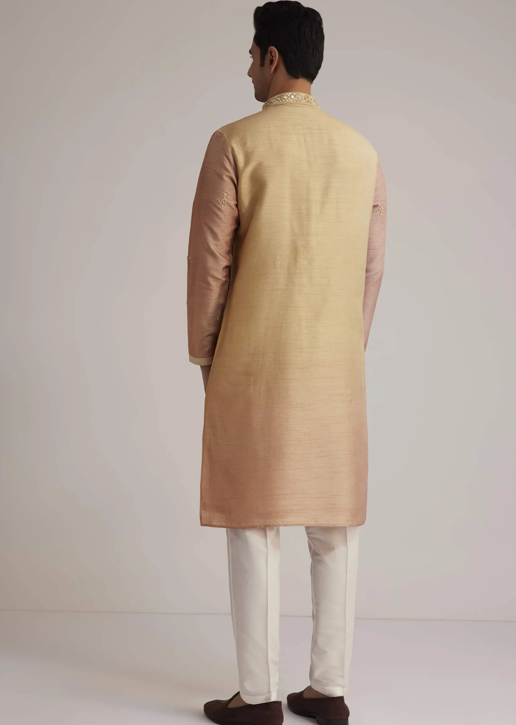 Beige Ombre Silk Kurta Set With Mirror Work