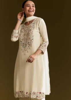 Beige Organza Embroidered Kurta Set With Dupatta