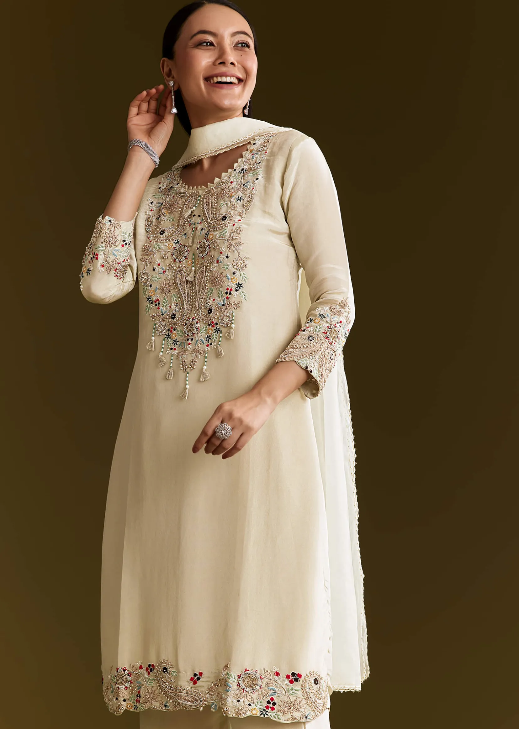 Beige Organza Embroidered Kurta Set With Dupatta