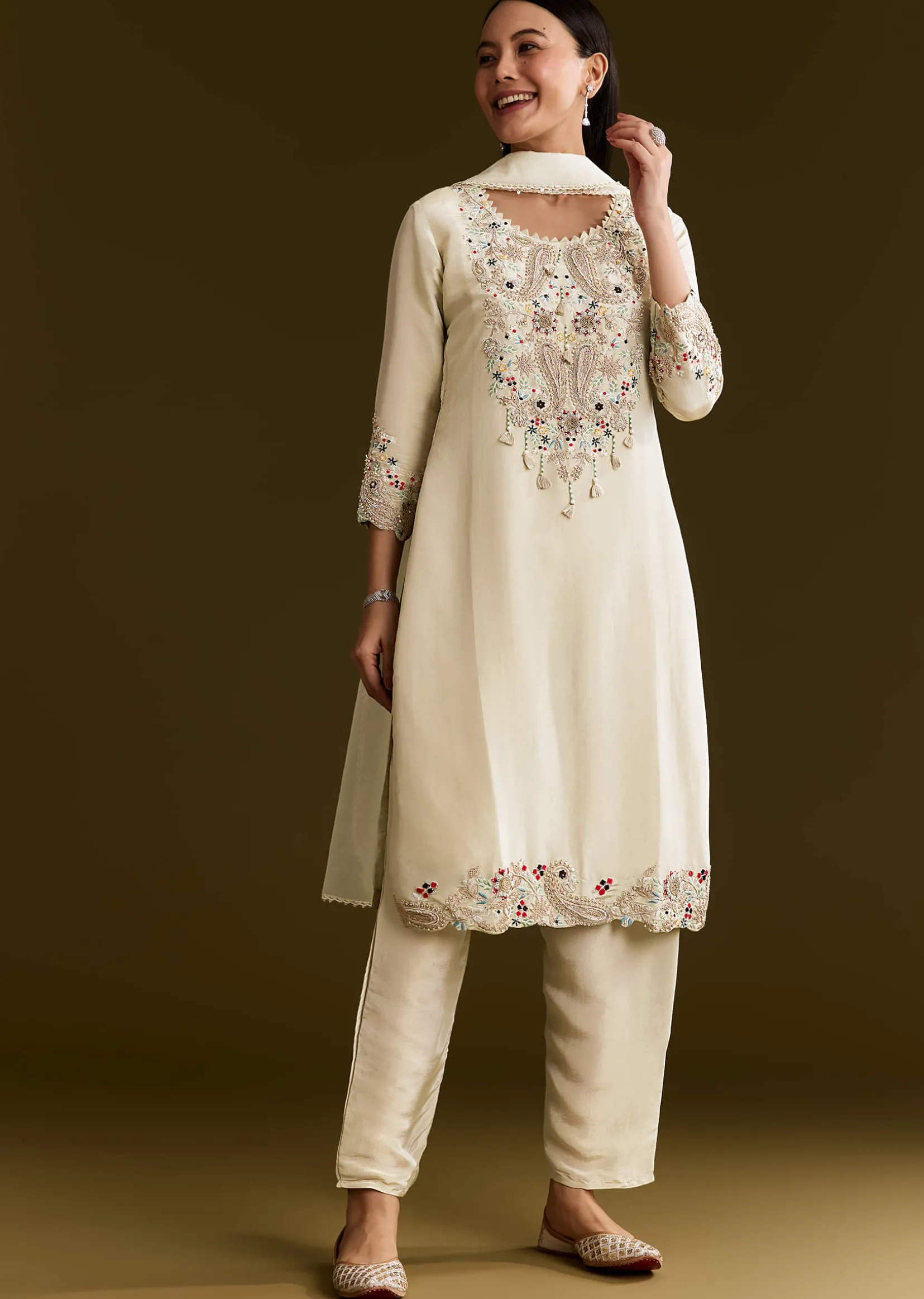 Beige Organza Embroidered Kurta Set With Dupatta