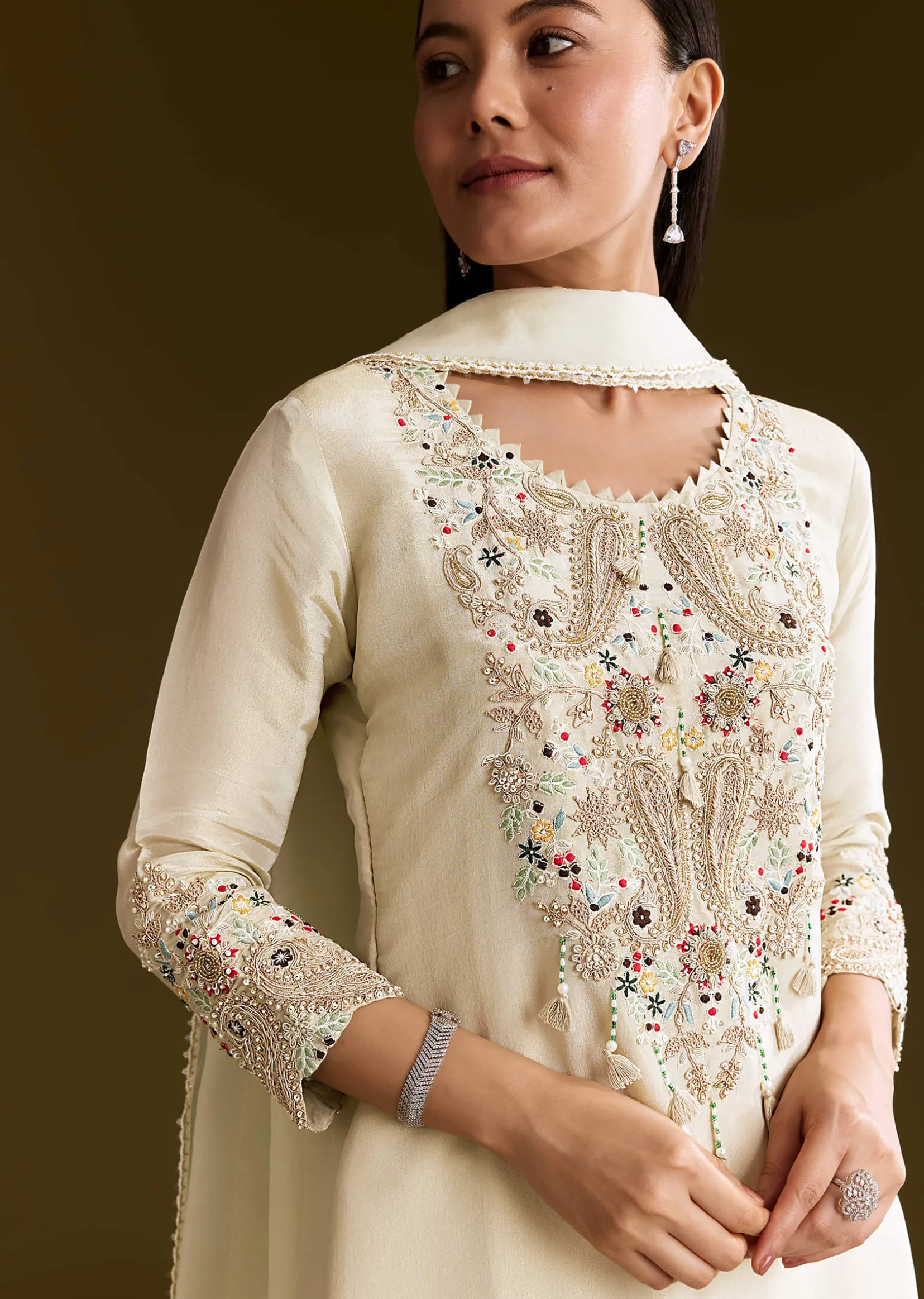 Beige Organza Embroidered Kurta Set With Dupatta