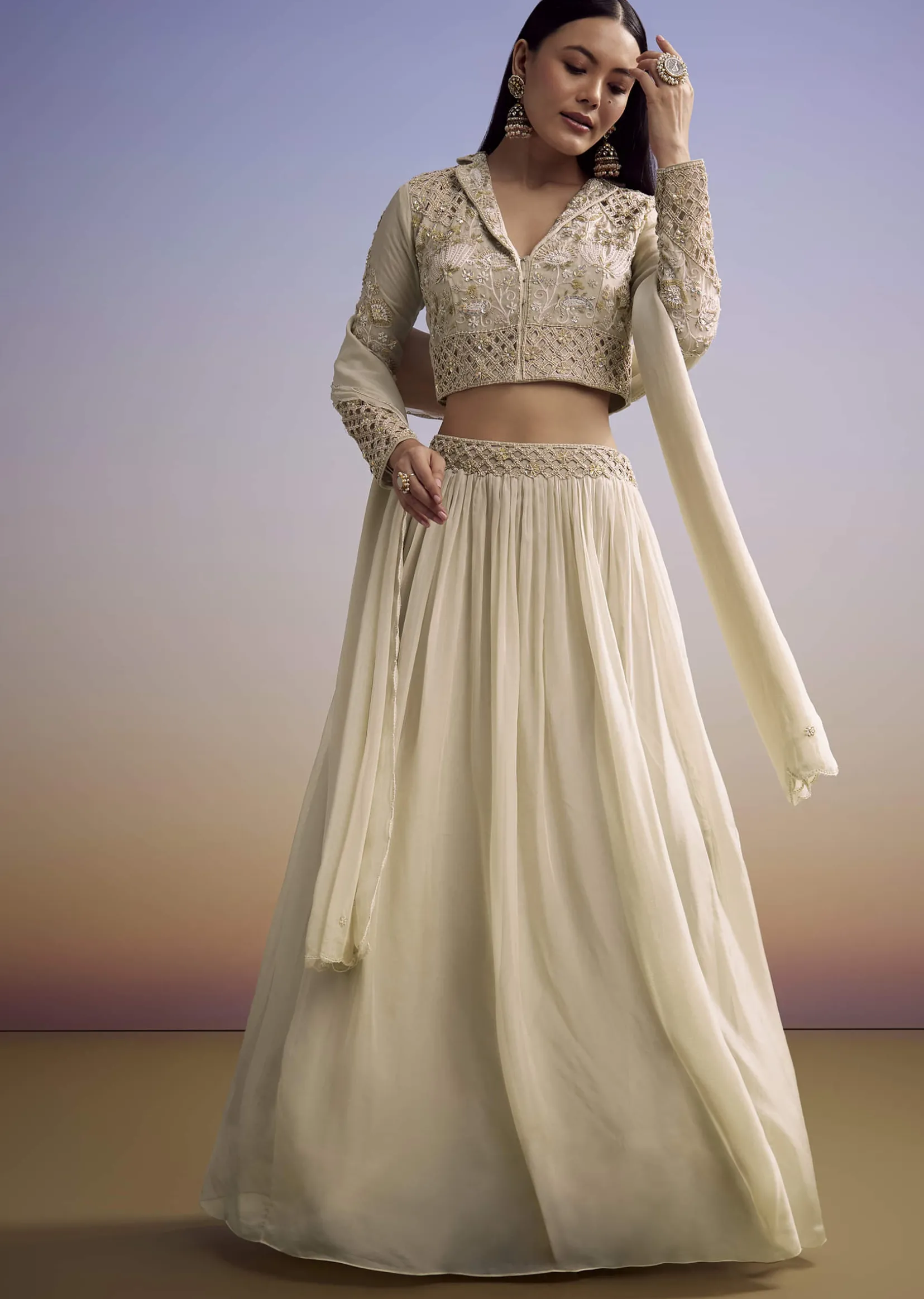 Beige Organza Lehenga Set With Embroidered Choli And Dupatta