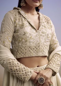 Beige Organza Lehenga Set With Embroidered Choli And Dupatta