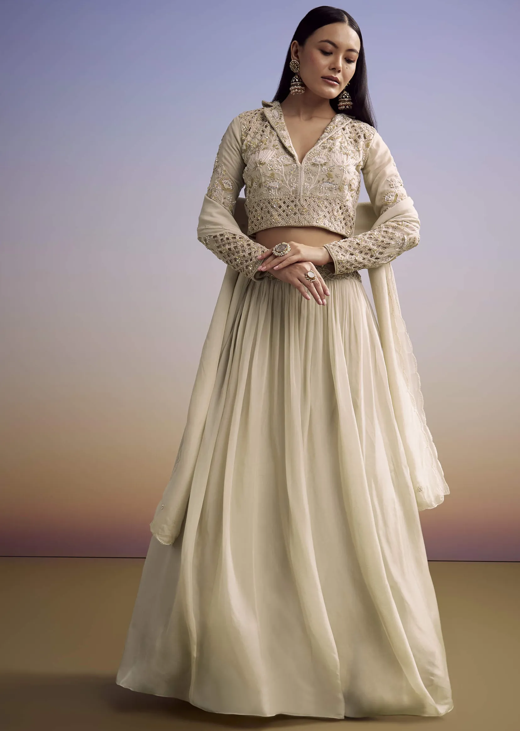 Beige Organza Lehenga Set With Embroidered Choli And Dupatta