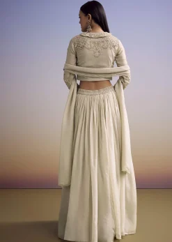 Beige Organza Lehenga Set With Embroidered Choli And Dupatta
