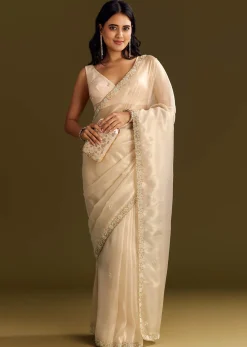 Beige Organza Tissue Saree With Cutdana And Beads Scallop Border