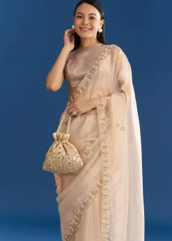 Beige Organza Tissue Saree With Cutdana Detailing