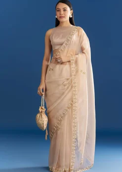 Beige Organza Tissue Saree With Cutdana Detailing