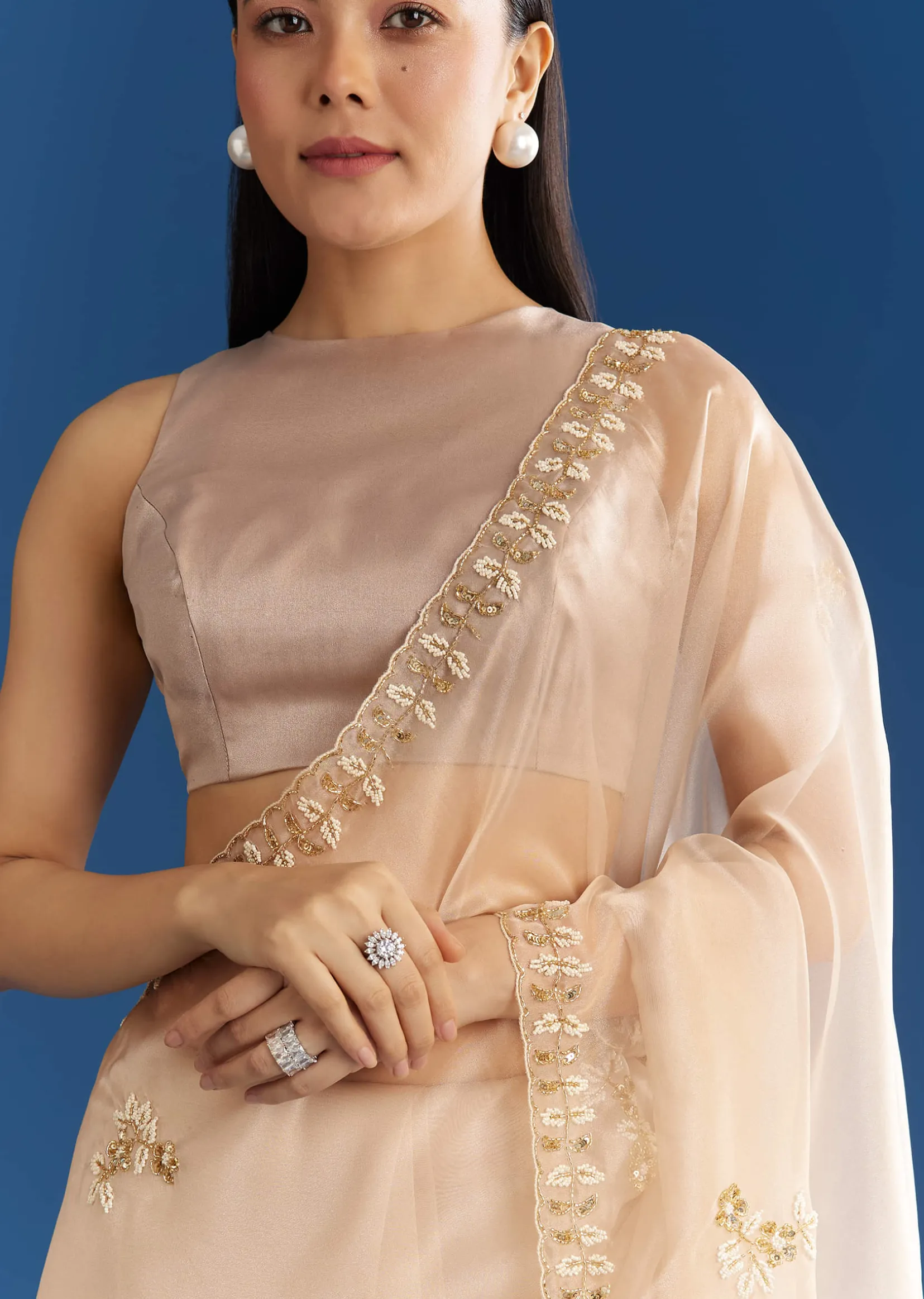 Beige Organza Tissue Saree With Cutdana Detailing