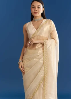Beige Organza Tissue Saree With Embroidered Scallop
