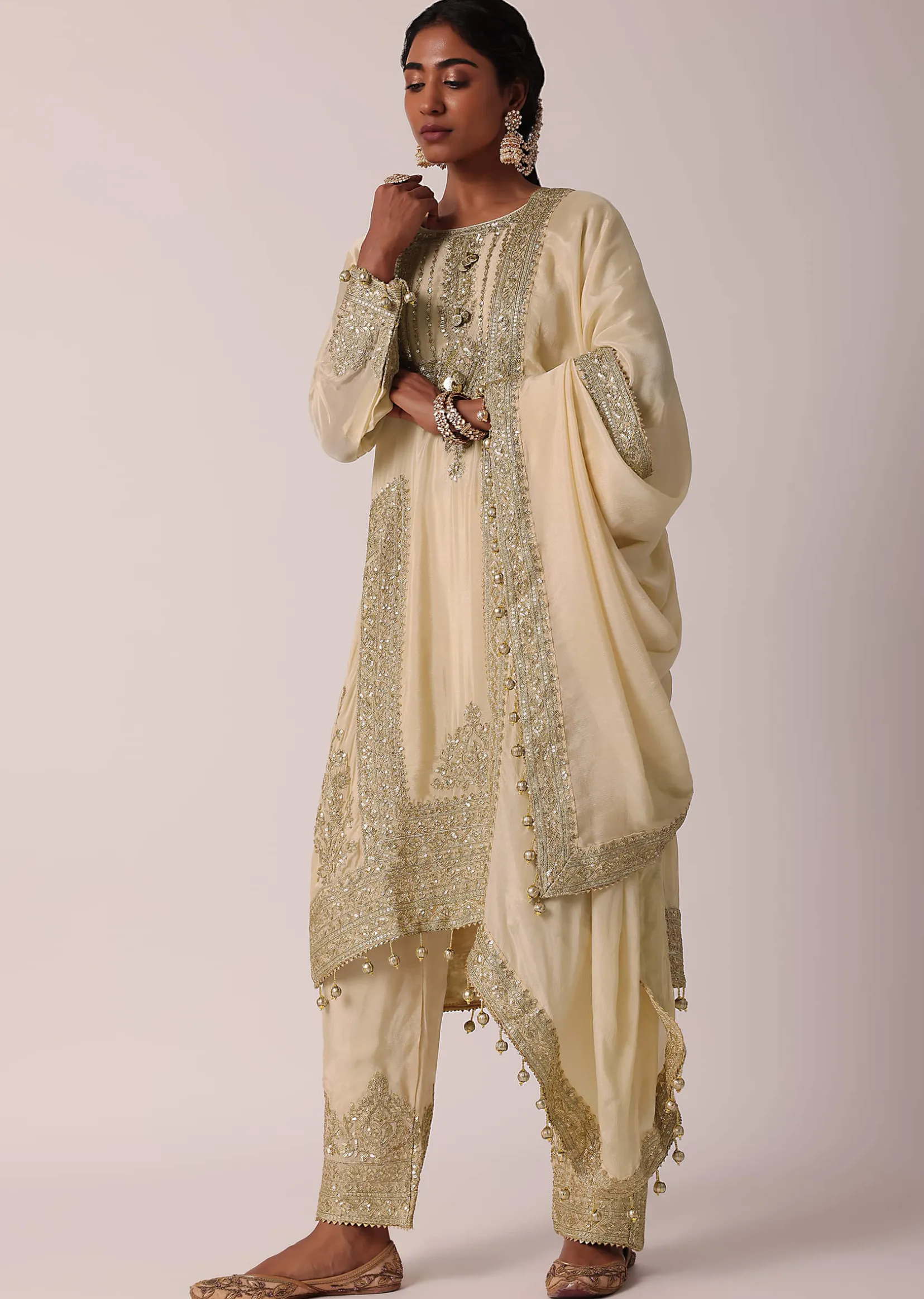 Beige Pant Set With Zardozi Work Kurta
