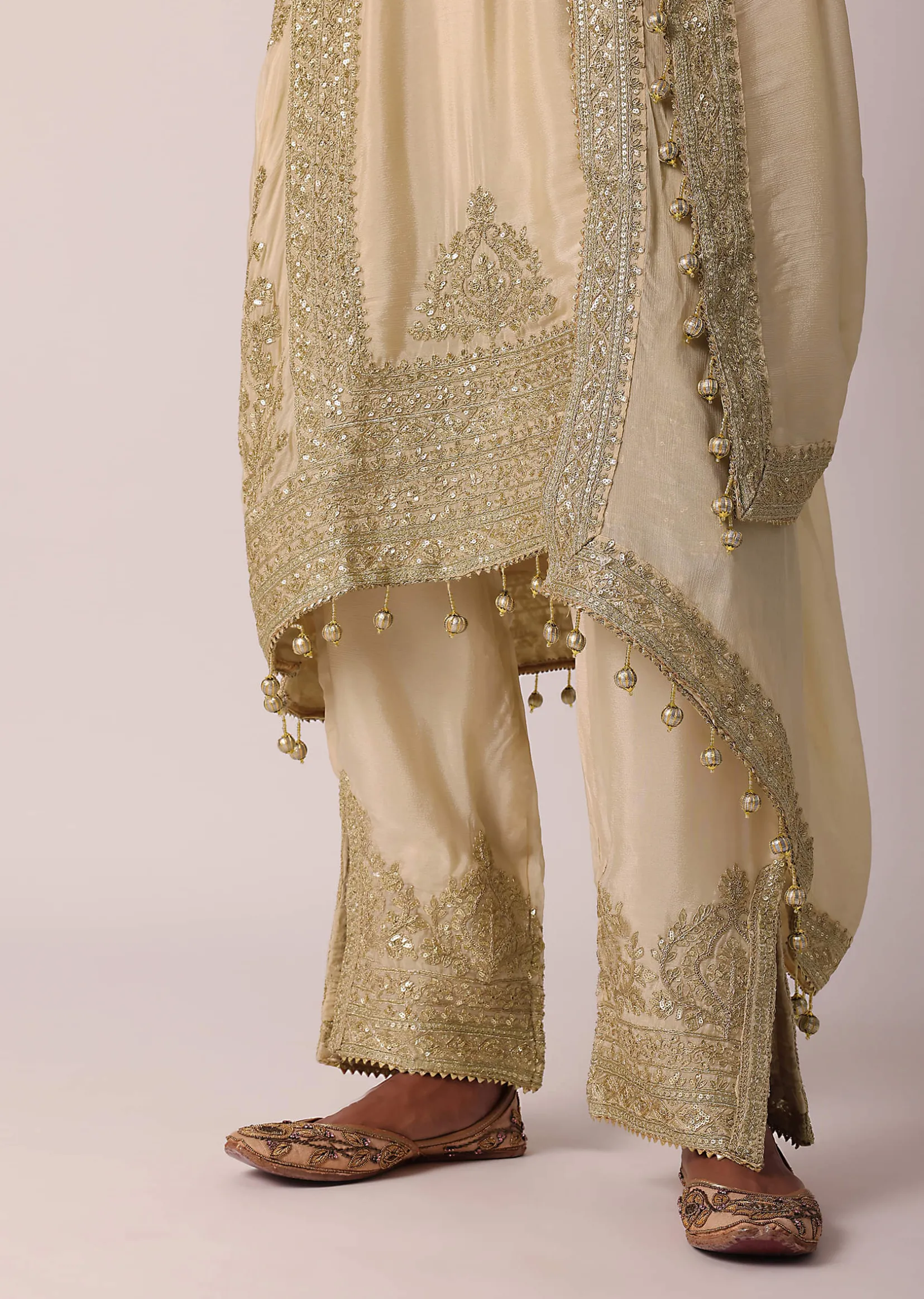 Beige Pant Set With Zardozi Work Kurta