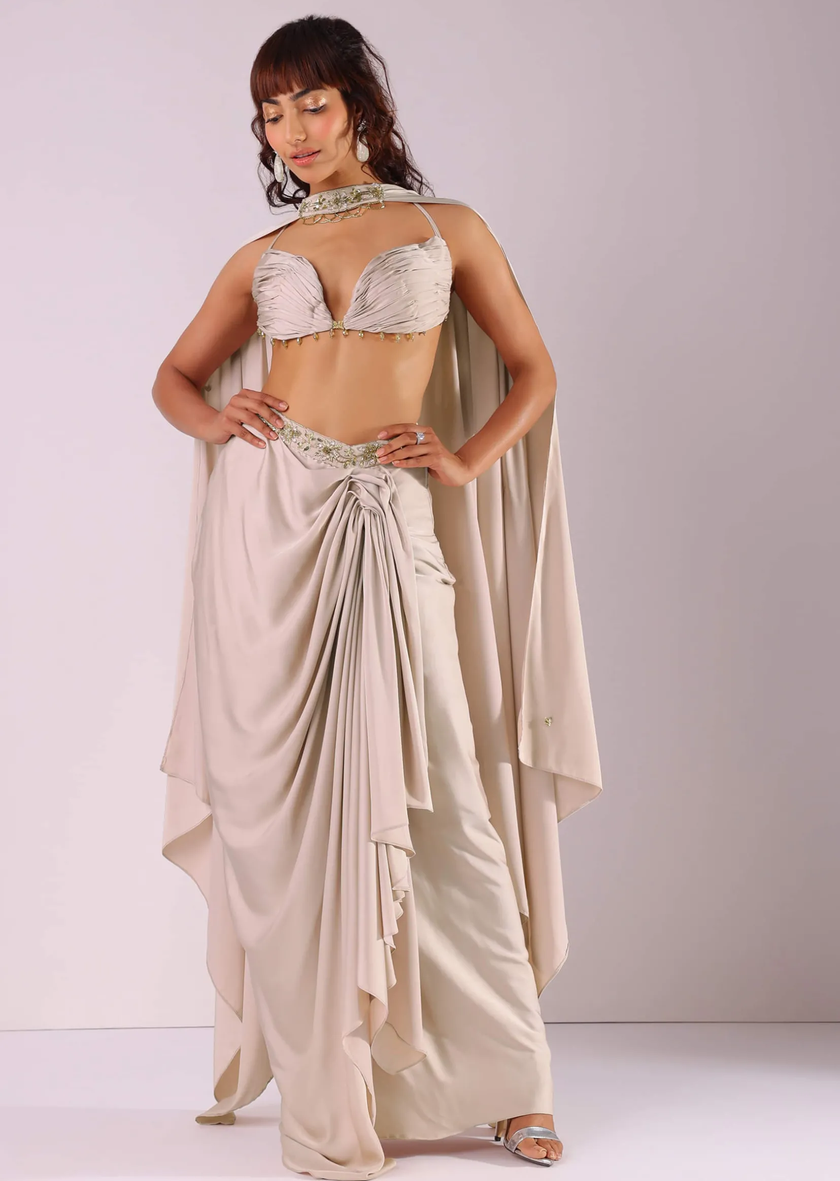 Beige Pleated Skirt And Top With Embroidered Choker Dupatta