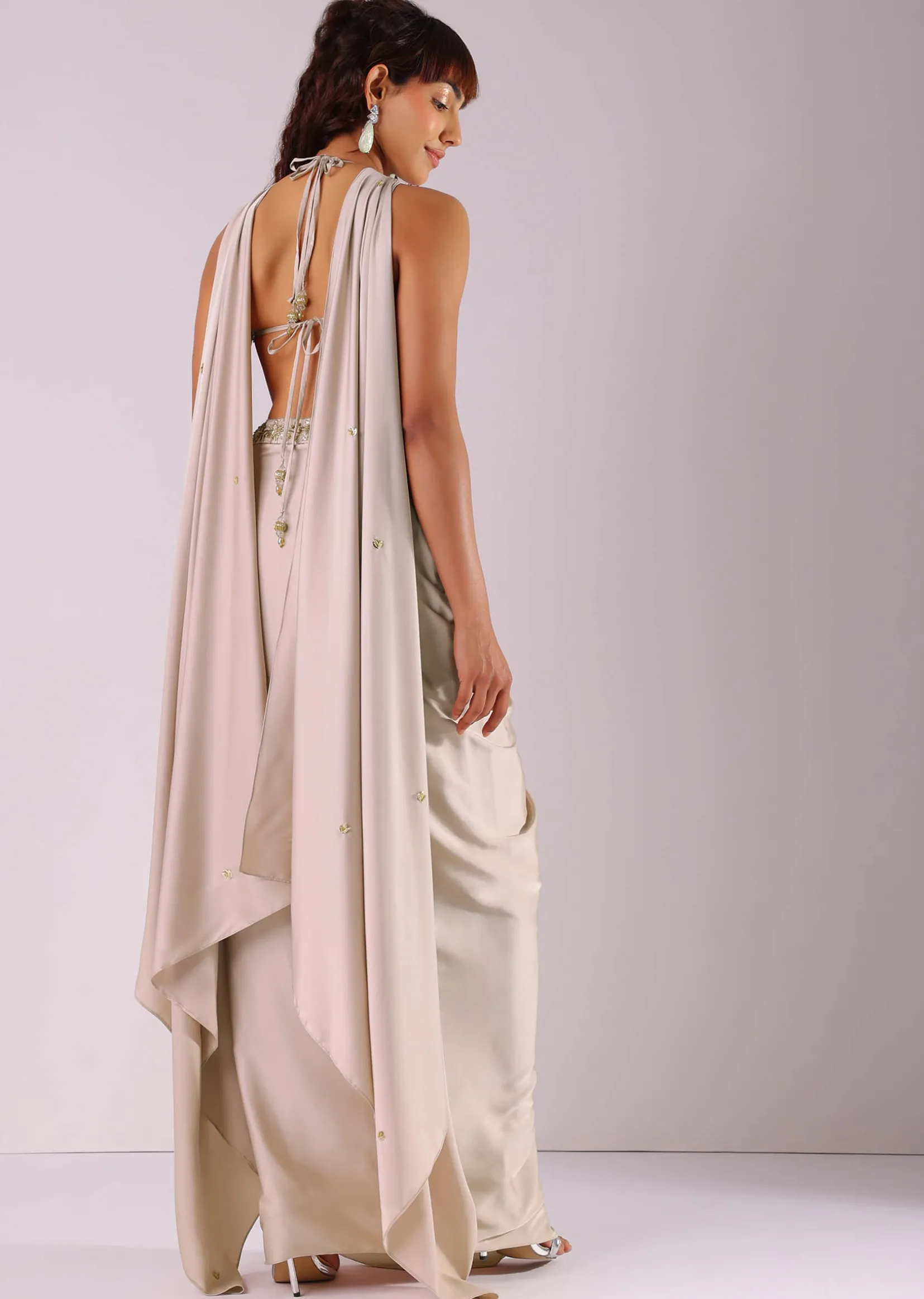 Beige Pleated Skirt And Top With Embroidered Choker Dupatta