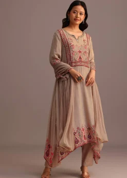 Beige Printed Kurti Pant Set With Chiffon Dupatta