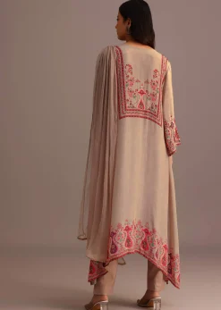 Beige Printed Kurti Pant Set With Chiffon Dupatta