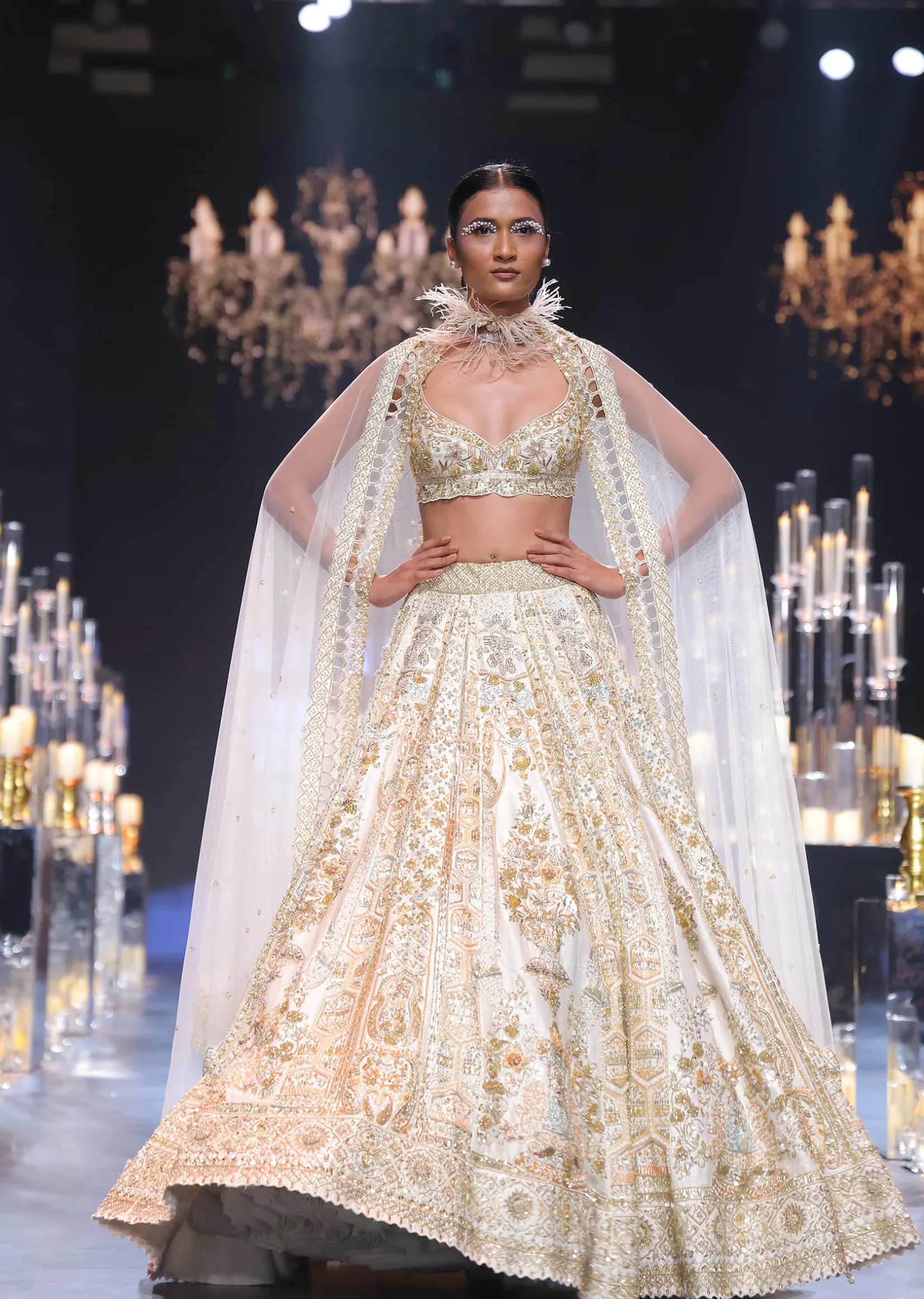 Beige Raw Silk Bridal Lehenga Set With Pearl Tassels And 3D Embroidery
