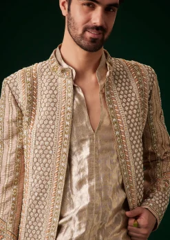 Beige Raw Silk Indowestern Sherwani Set