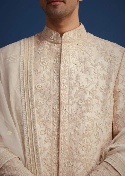 Beige Raw Silk Sherwani Set With Dori Embroidery