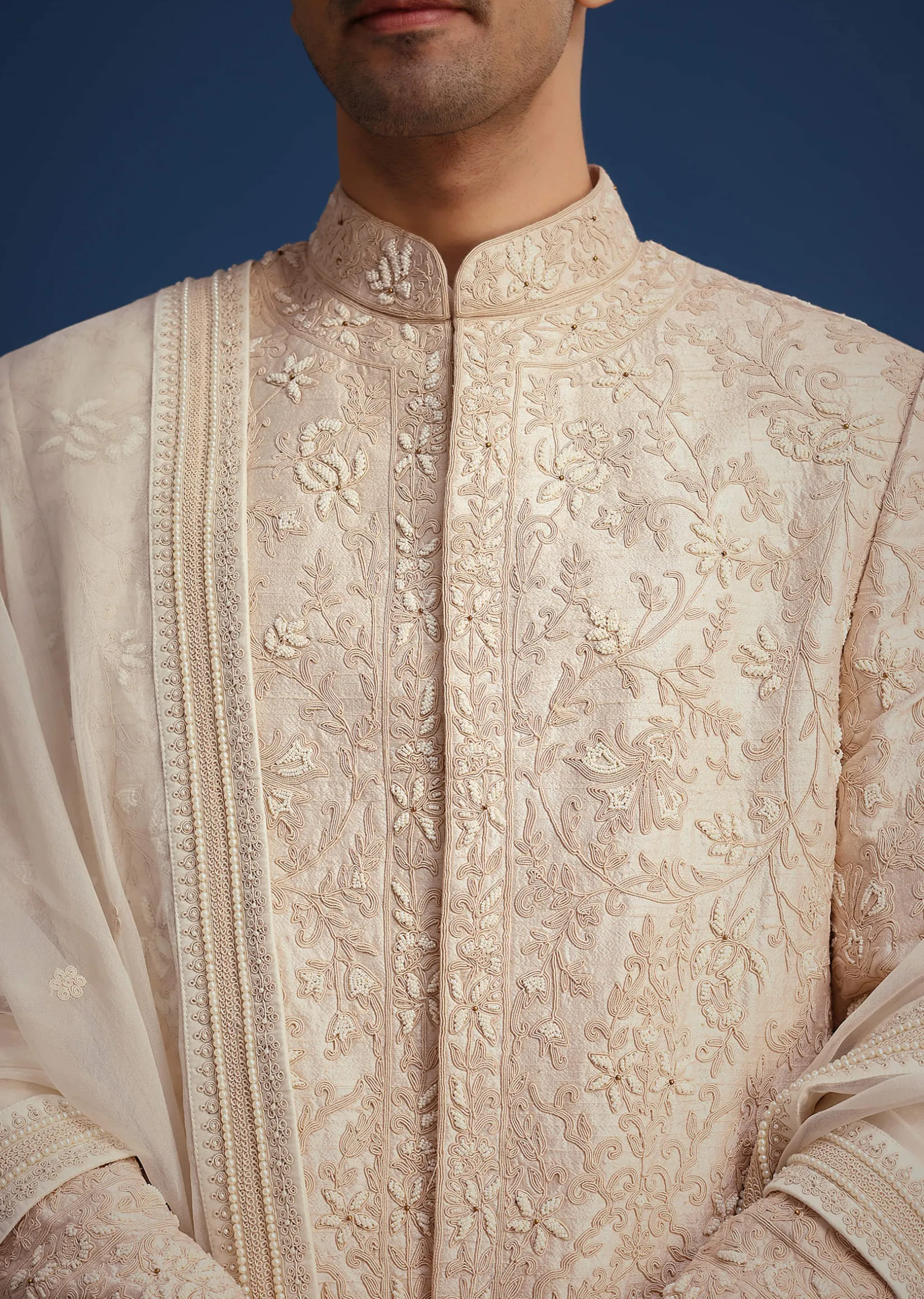 Beige Raw Silk Sherwani Set With Dori Embroidery