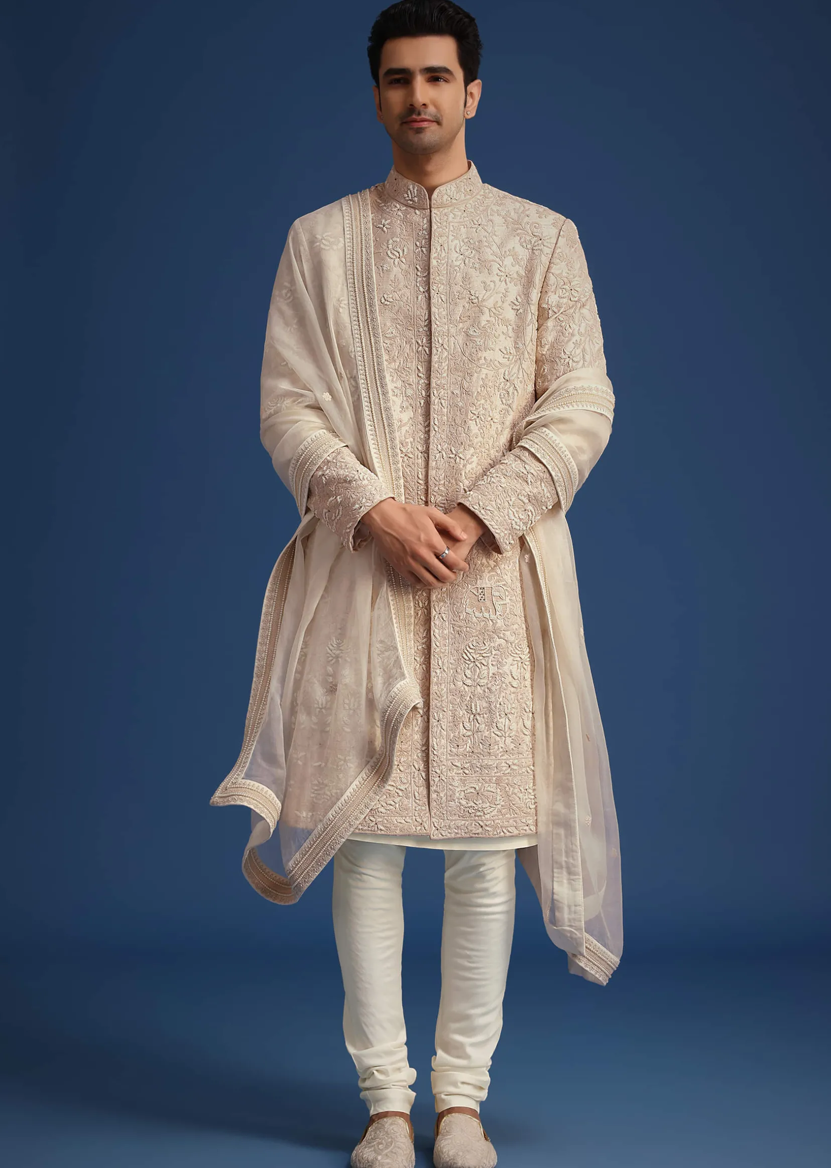 Beige Raw Silk Sherwani Set With Dori Embroidery