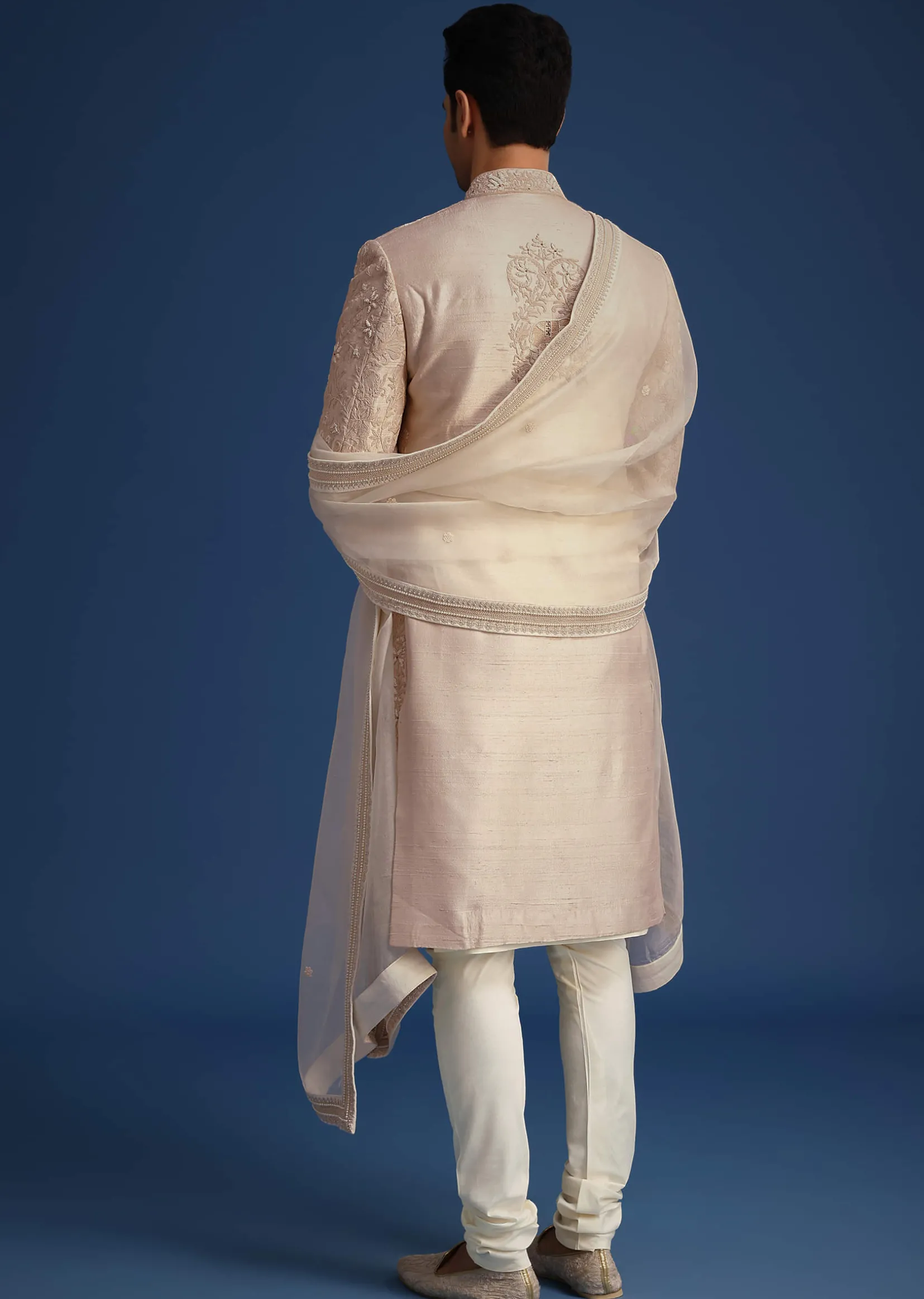 Beige Raw Silk Sherwani Set With Dori Embroidery