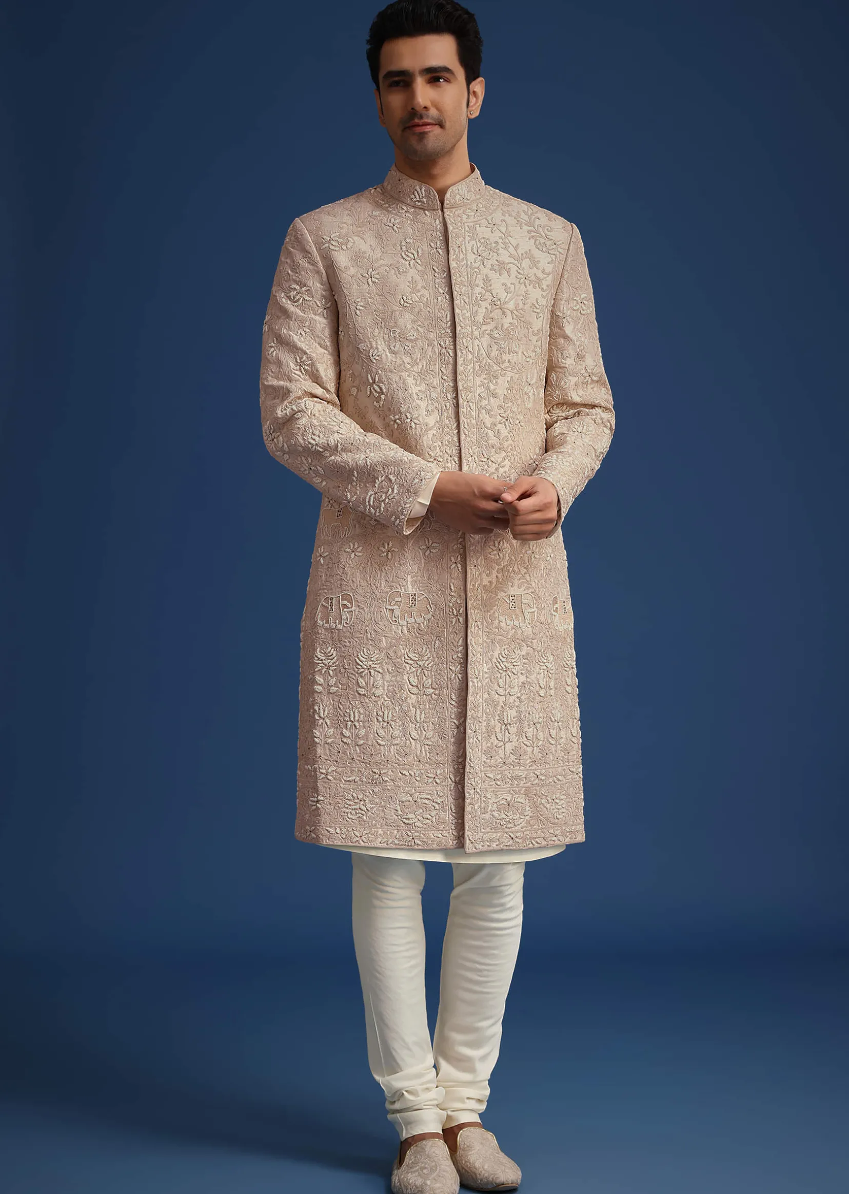 Beige Raw Silk Sherwani Set With Dori Embroidery