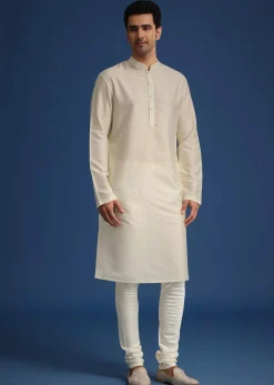 Beige Raw Silk Sherwani Set With Dori Embroidery