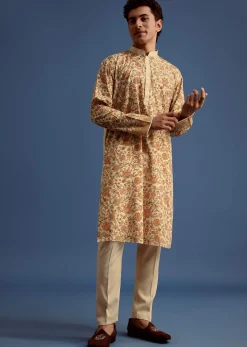 Beige Rayon Floral Block Printed Kurta Set