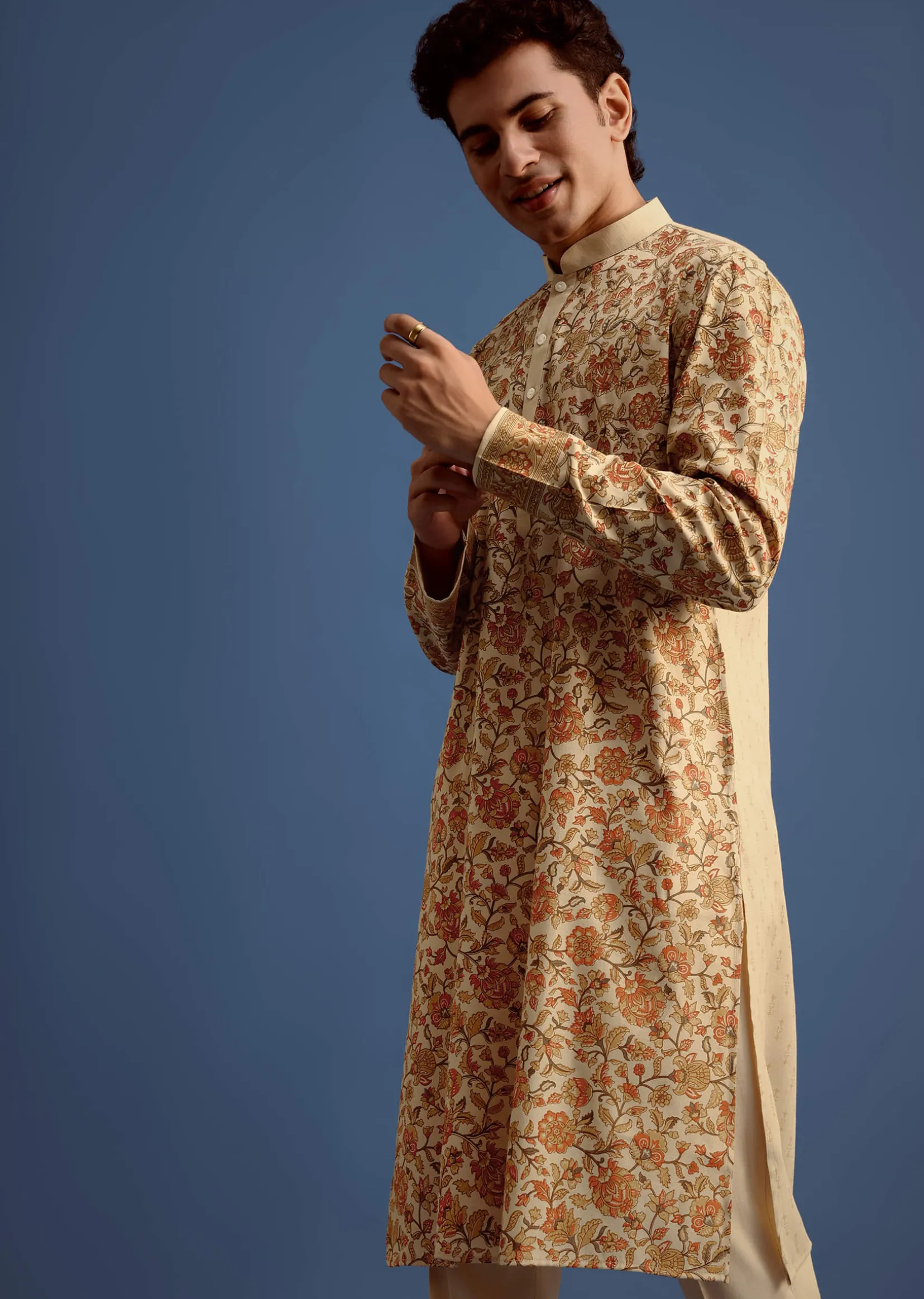 Beige Rayon Floral Block Printed Kurta Set