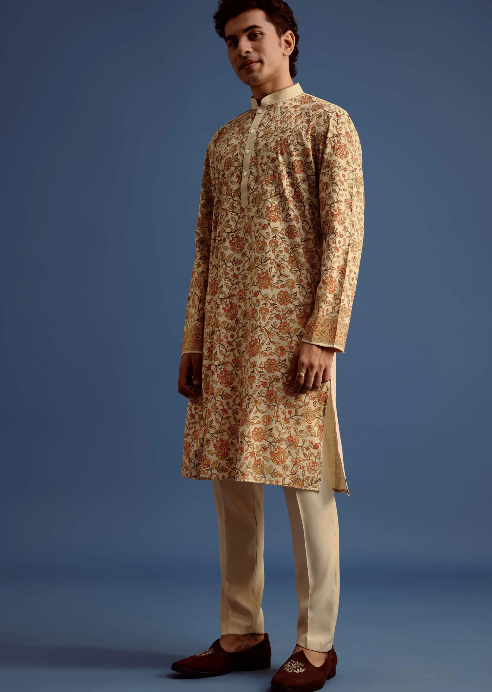 Beige Rayon Floral Block Printed Kurta Set