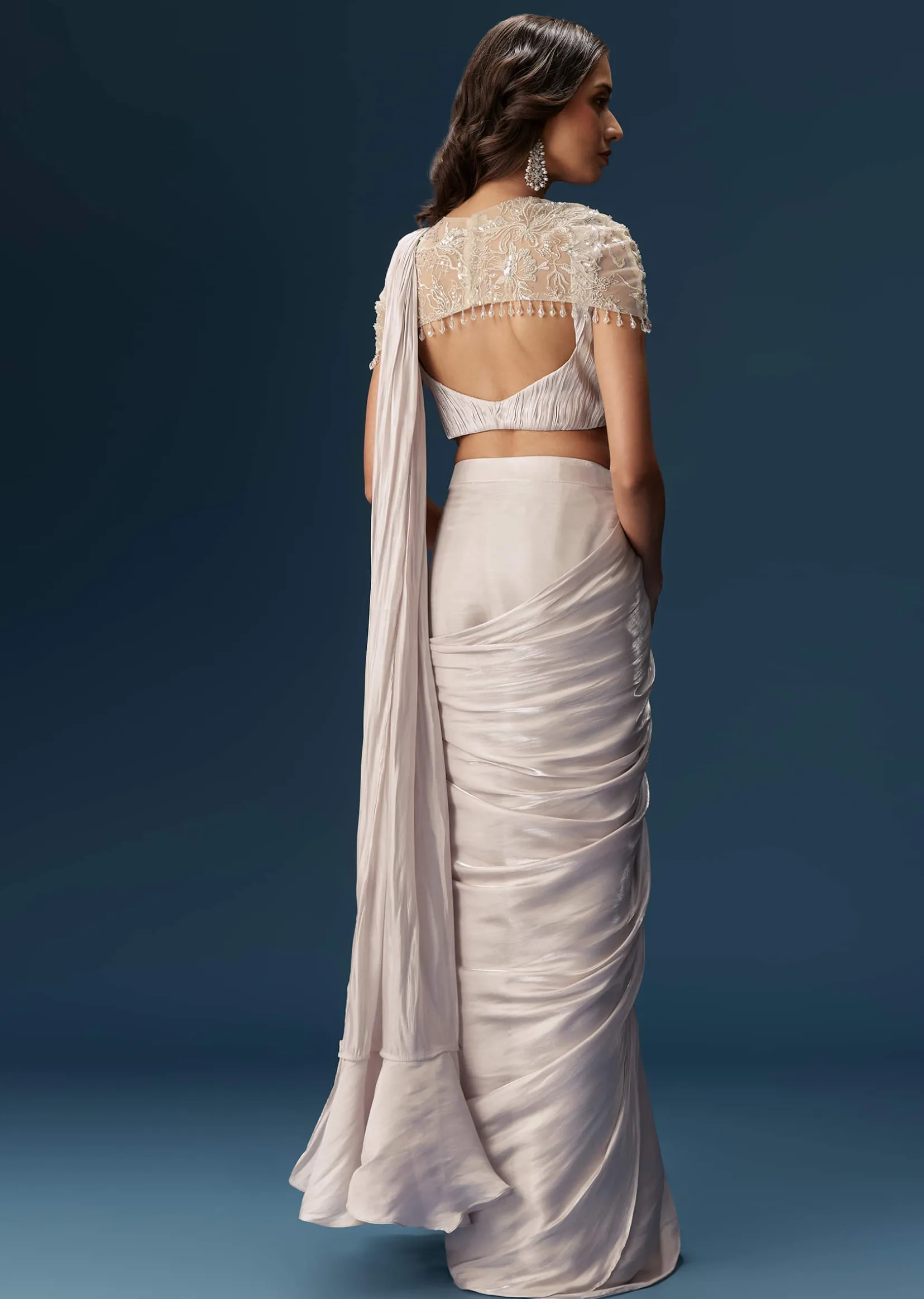 Beige Ready Pleated Saree With Cape And Blouse