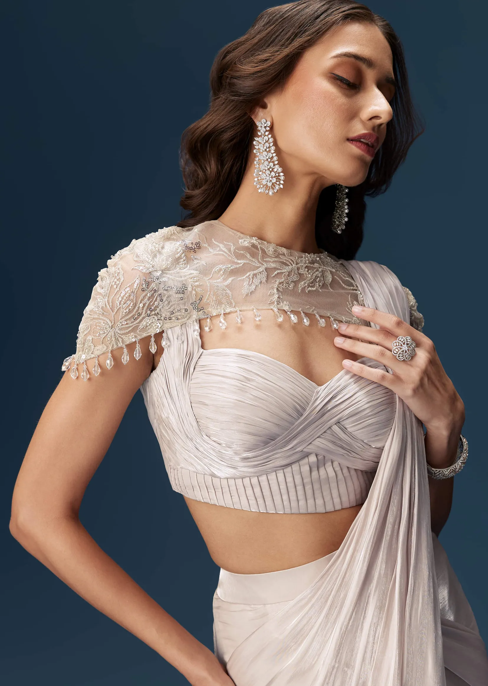 Beige Ready Pleated Saree With Cape And Blouse