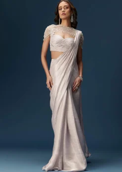 Beige Ready Pleated Saree With Cape And Blouse