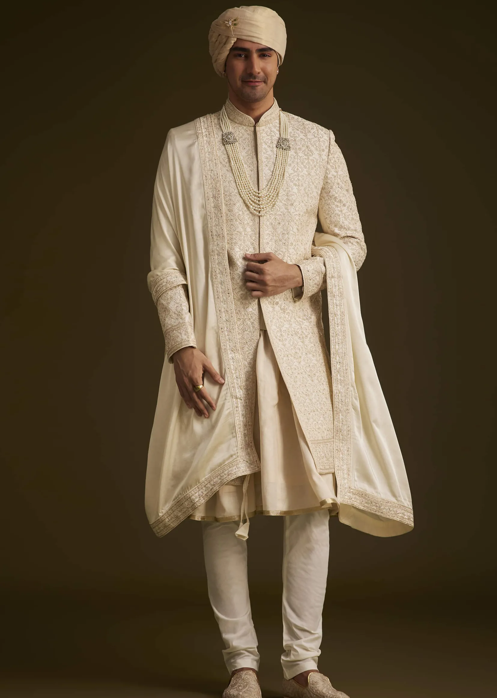 Beige Resham Embroidered Sherwani With Elegant Dupatta