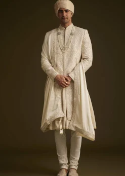 Beige Resham Embroidered Sherwani With Elegant Dupatta