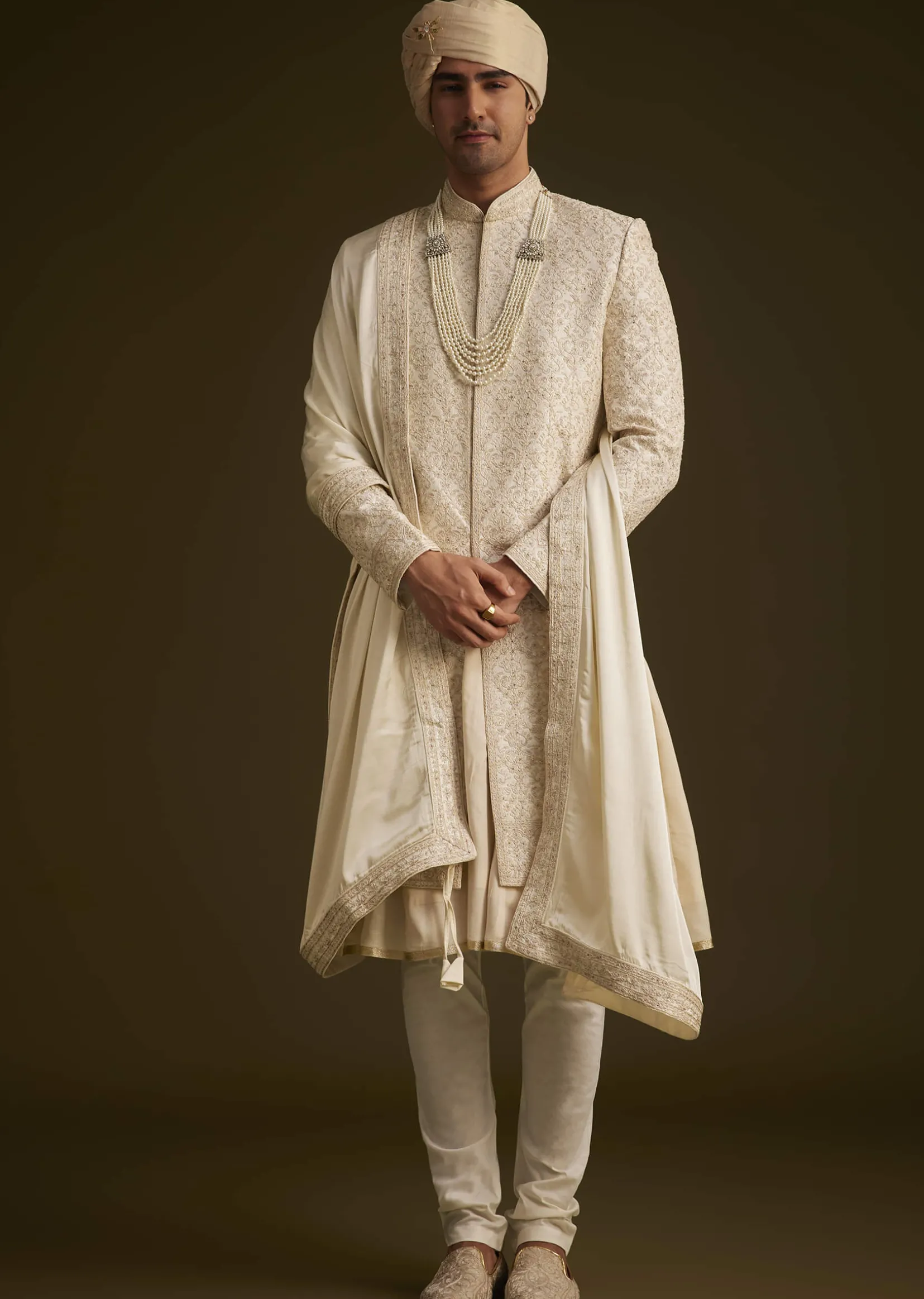 Beige Resham Embroidered Sherwani With Elegant Dupatta