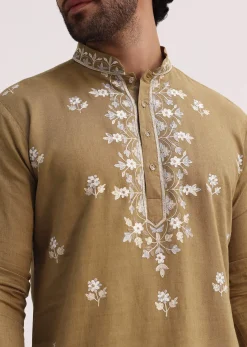 Beige Resham Work Kurta Set For Men