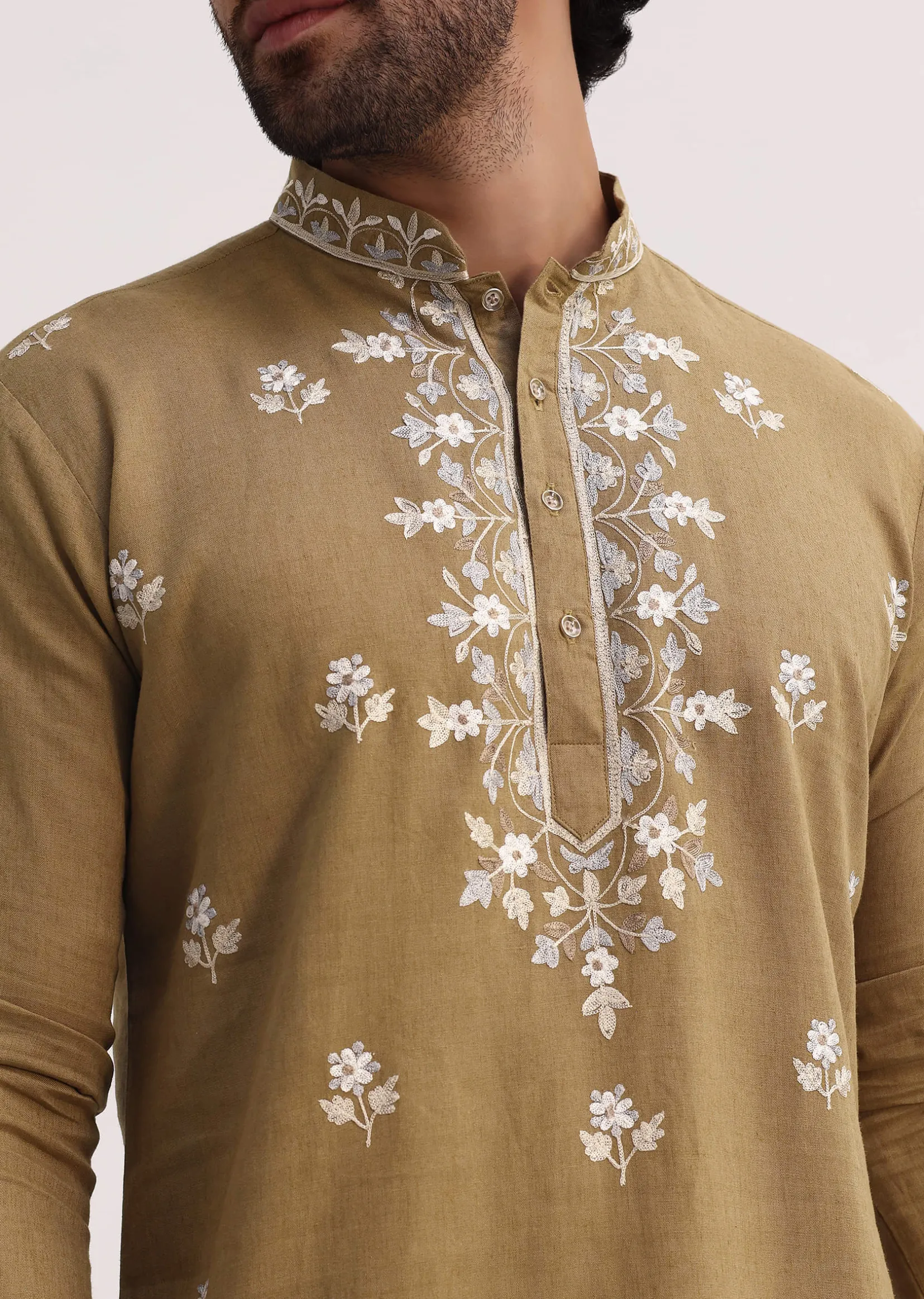Beige Resham Work Kurta Set For Men